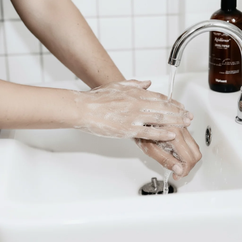 Mains savonnées et mousse légère près d’un flacon — conseils d’utilisation du savon liquide hydratant pour routine soin visage, douche et mains.