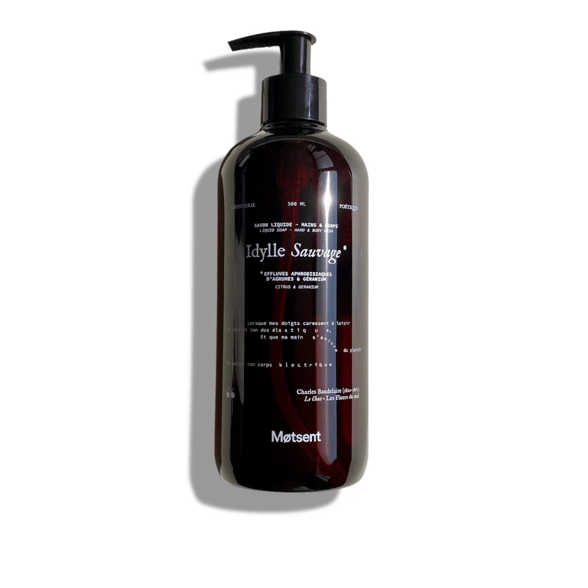 Savon liquide parfumé agrumes & géranium — hydratant pour peaux sensibles | Møtsent Flacon de savon liquide parfumé aux agrumes et géranium — gel nettoyant hydratant pour visage, corps et mains, adapté aux peaux sensibles.