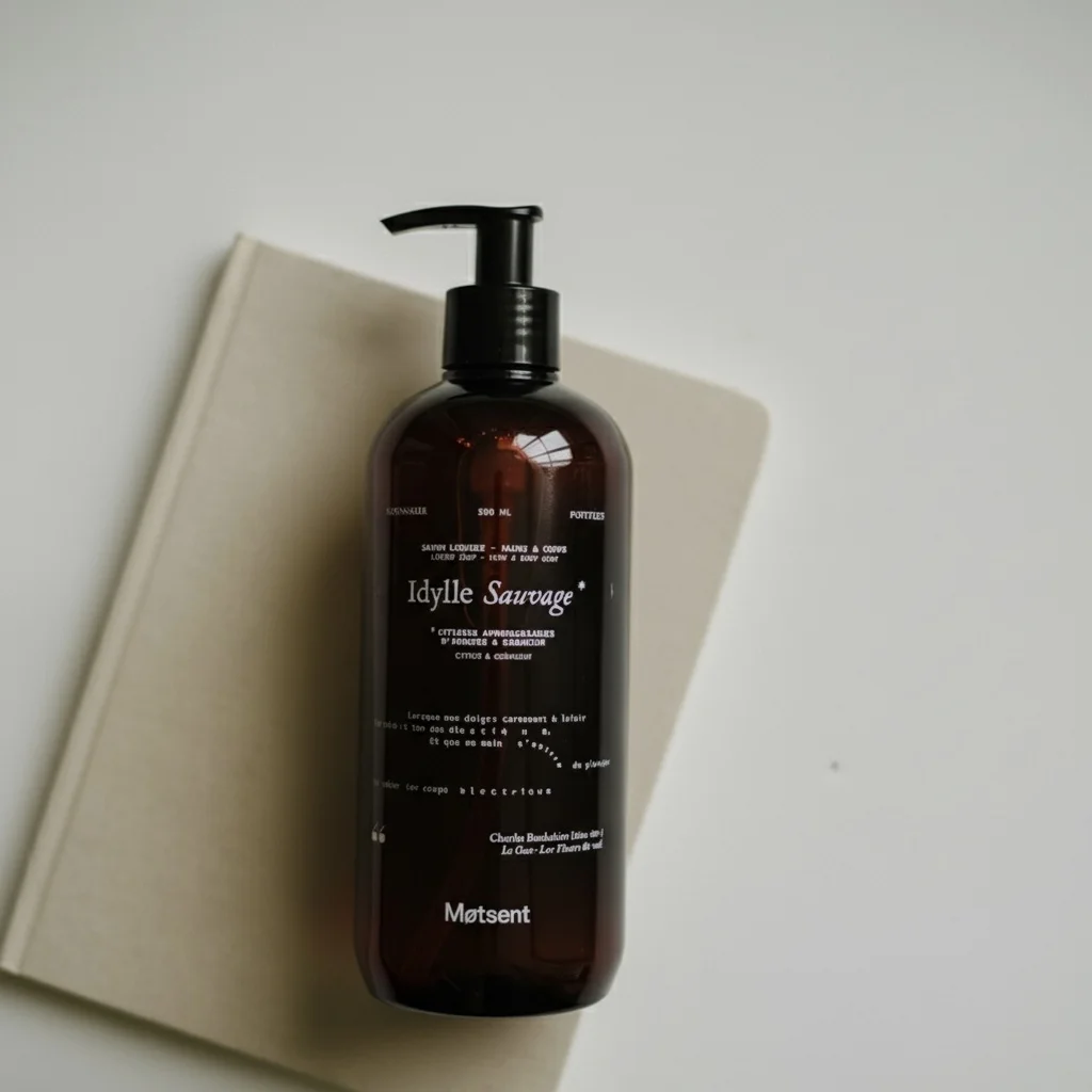 Flacon de savon liquide parfumé agrumes & géranium — savon artisanal saponifié pour nettoyage doux de la peau (visage, douche & mains), formulé avec ingrédients issus de l'agriculture biologique.