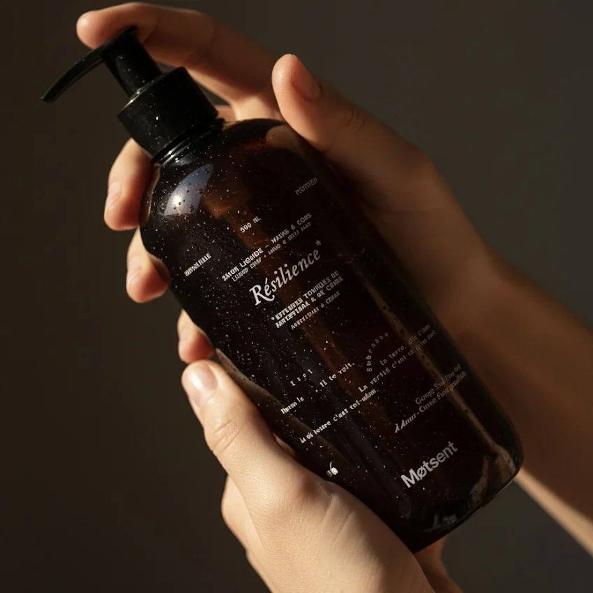 Savon liquide hydratant Résilience — flacon Møtsent, usage visage, douche & mains