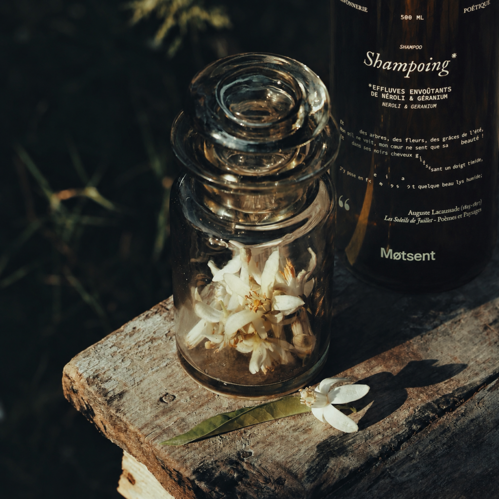 Flacon de shampoing Motsent au néroli et géranium accompagné de fleurs d’agrumes