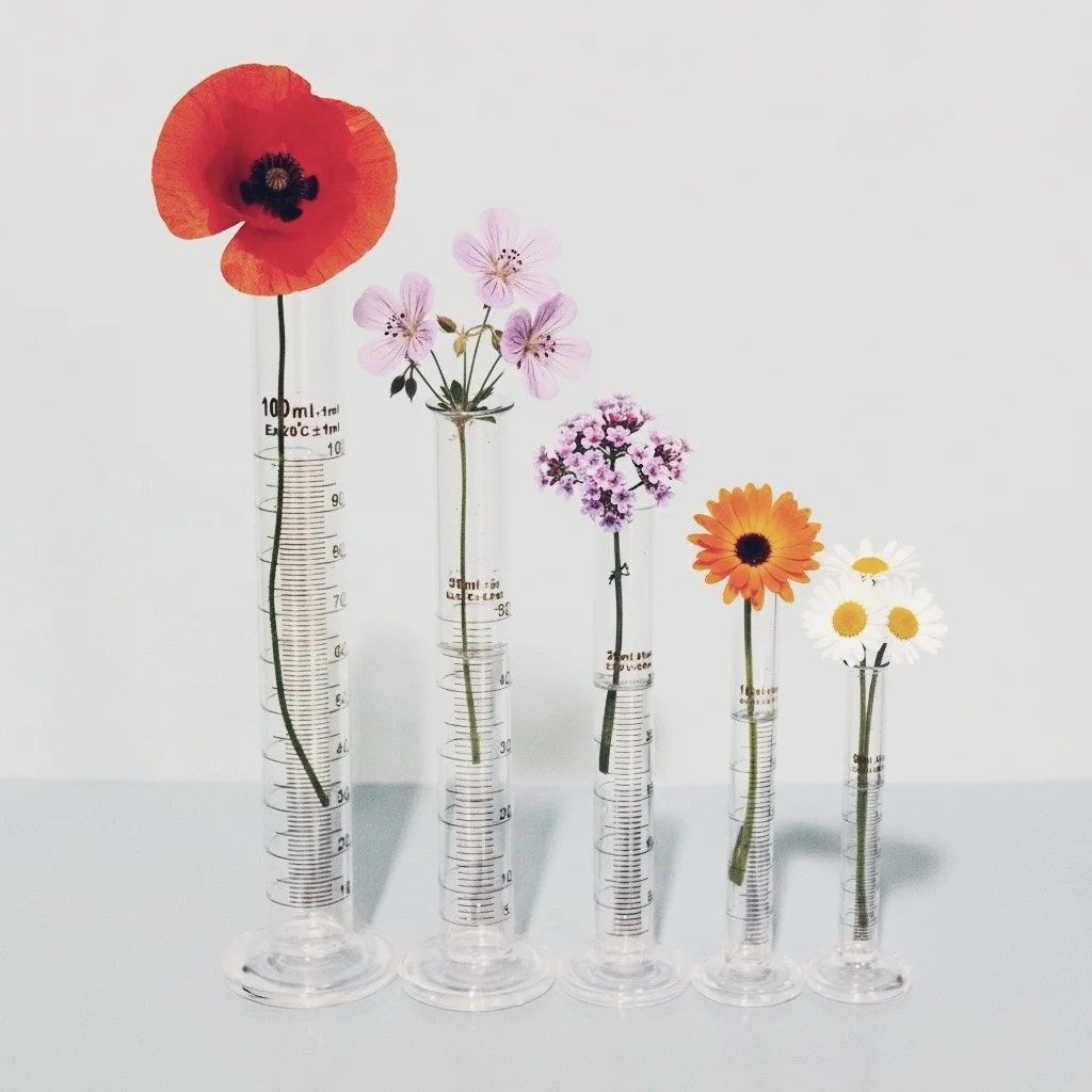Fleurs en éprouvettes illustrant la transparence et la traçabilité de la lotion hydratante naturelle Motsent